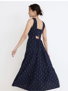 Madewell Cattail Cutout Tiered Midi Dress in Navy Jaquard